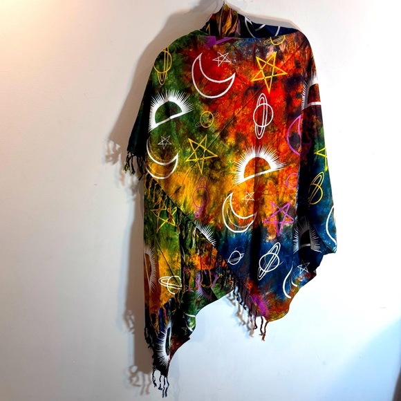COSMO’S Colorful Celestial Patterned Fringed Scarf 100% Rayon Made In India - Picture 1 of 7